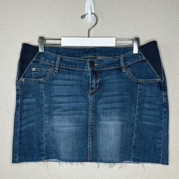 led Luxe Essentials Denim Maternity Skirt Stretch Side Panel Raw Hem Size Large - Picture 3 of 14